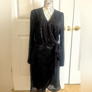 ✨Shine Bright! Forever 21 Black Sequin Wrap Party Dress - Size 0X - Long Sleeve